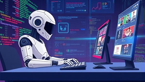 An illustration of a futuristic AI-powered robot sitting at a desk, typing on a computer keyboard, surrounded by glowing lines of code and digital screens displaying various types of content, symbolizing advanced technology in content creation.