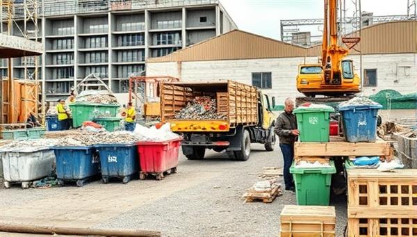 A construction site scene with workers sorting materials into recycling bins, a truck loading recycled materials, and a recycling facility processing construction waste into reusable materials, highlighting the eco-friendly and sustainable aspect of the recycling service.