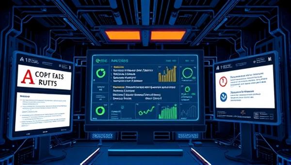 An illustration of a futuristic AI system generating ad copy in real-time, with digital screens displaying dynamic text variations and performance metrics, highlighting the efficiency and innovation of the service.