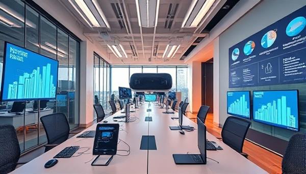 A futuristic office setting with virtual reality headsets, smart devices, and interactive screens displaying real estate tech solutions and digital transformation models, illustrating innovation and efficiency in real estate operations through technology integration.