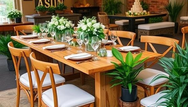 An elegant event setup featuring upcycled wooden furniture, biodegradable tableware, recycled glassware, and lush potted plants as sustainable event decor elements, creating a sophisticated and environmentally conscious ambiance at an EcoChic Event Rentals showcase, inspiring eco-friendly event transformations.