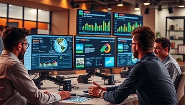 A digital marketing strategist analyzing data on multiple screens, brainstorming creative campaign ideas, and collaborating with a team in a dynamic and innovative workspace, symbolizing the strategic and dynamic nature of digital marketing consulting.