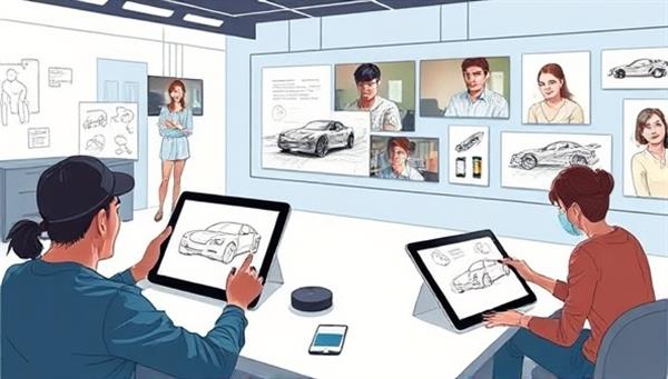 A digital illustration showcasing a virtual design workshop with participants sketching car concepts on tablets, interacting with industry mentors through video calls, and displaying their creations on a virtual gallery wall, fostering creativity and collaboration in the online automotive design community.