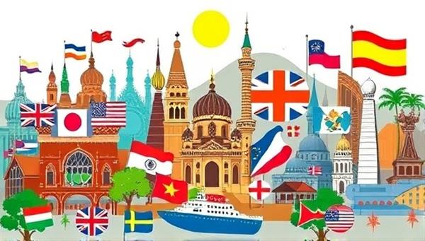 A vibrant and diverse illustration showcasing different cultures and languages represented through flags, landmarks, and traditional symbols, with digital language learning resources and interactive language exercises in the background, promoting the concept of multicultural language learning consultancy.