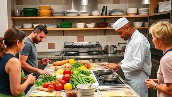 A vibrant kitchen setting with a chef demonstrating a cooking technique to a group of participants, surrounded by colorful ingredients, cooking utensils, and recipe cards, exuding a dynamic and engaging culinary learning environment.