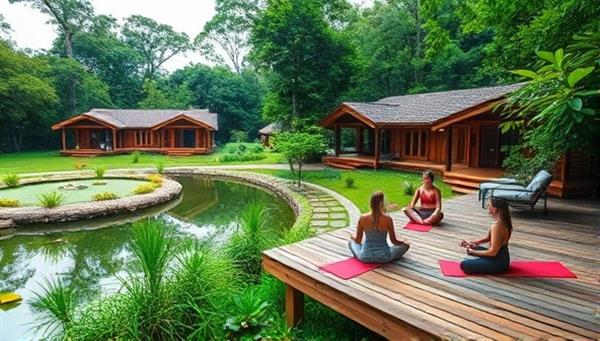A tranquil setting showcasing a lush green retreat center surrounded by nature, with individuals practicing yoga on a wooden deck, meditating by a peaceful pond, and enjoying healthy meals together, capturing the essence of holistic wellness and relaxation.