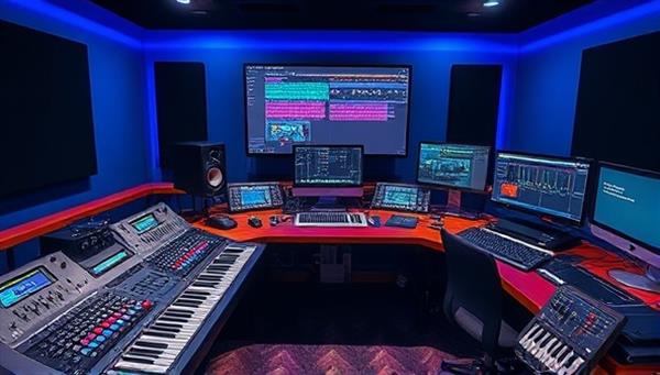 An immersive digital studio environment featuring audio mixing consoles, MIDI controllers, virtual instruments, and creative music production software, illustrating a professional and inspiring setting for online music production masterclasses and workshops.