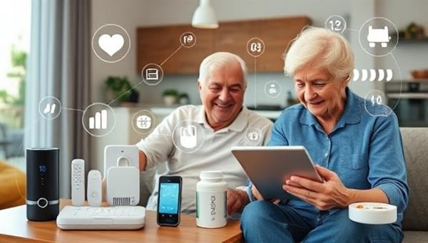 An array of IoT devices and wearable sensors displayed in a modern home setting, tracking vital signs, activity levels, and medication schedules of an elderly individual, with a family member remotely monitoring the data on a tablet, ensuring peace of mind and proactive care for aging loved ones.