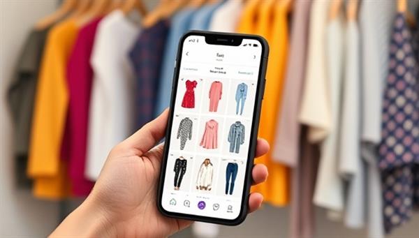 A sleek mobile app interface showcasing a user uploading a photo of a dress and receiving multiple outfit suggestions on their screen, with a colorful wardrobe backdrop, highlighting convenience and style inspiration.