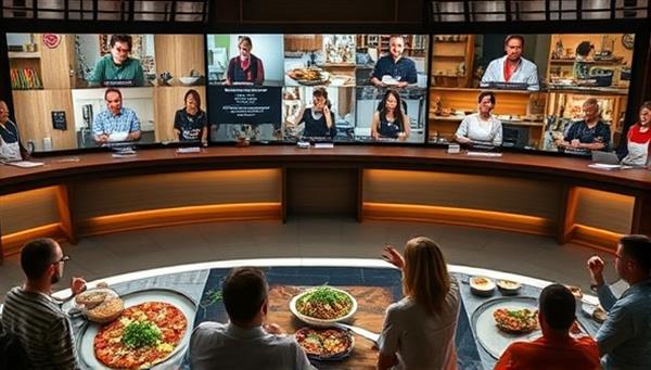 An online cooking competition setting with diverse participants preparing dishes in their kitchens, a panel of judges evaluating the presentations, and a live audience cheering virtually, creating a vibrant and engaging culinary showdown atmosphere.