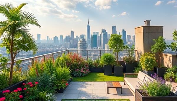 A vibrant rooftop garden scene with lush greenery, colorful flowers, and a seating area overlooking the city skyline, illustrating a tranquil and sustainable urban oasis.