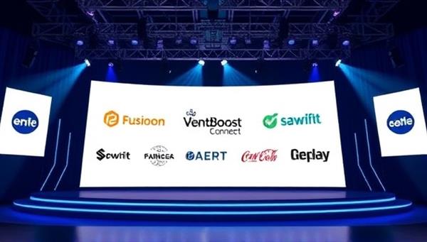 A digital interface showcasing a virtual event stage with branded sponsor logos displayed prominently, illustrating the visibility and branding opportunities available through EventBoost Connect