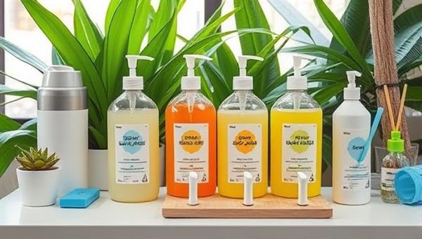 A modern refill station setup with eco-friendly cleaning product dispensers, labeled with natural ingredients and refill instructions, accompanied by reusable bottles and sustainable cleaning accessories, all set against a backdrop of lush greenery and eco-friendly cleaning tools, conveying a sense of sustainability and environmental awareness.