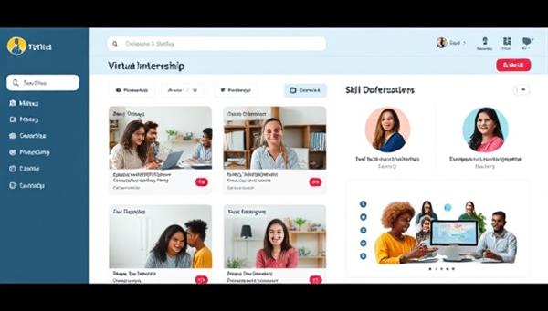 An online dashboard displaying virtual internship listings, mentor profiles, and interactive skill development modules, with diverse young professionals engaged in remote work activities, showcasing the platform