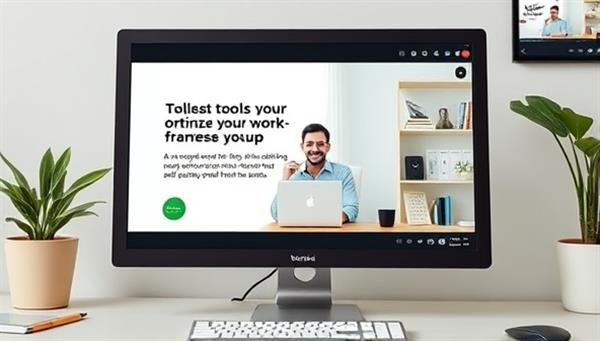 A virtual productivity workshop displayed on a computer screen, featuring a productivity expert guiding remote workers through best practices and tools for optimizing their work-from-home setup, creating a focused and efficient virtual work environment.