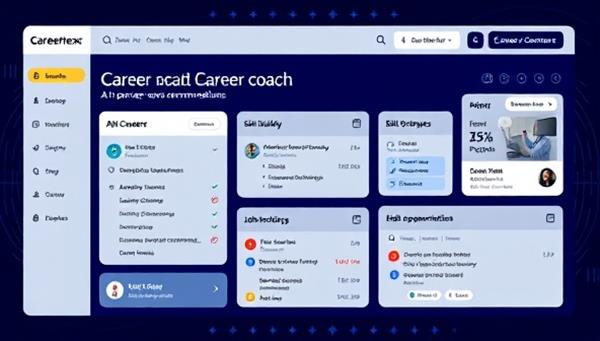 An AI-powered career coach interface displaying personalized career recommendations, skill-building resources, and job opportunities tailored to each user