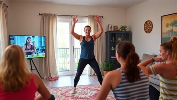An energetic fitness instructor leading a dynamic live streaming workout session with participants following along from their homes, showcasing the interactive and engaging nature of the platform.