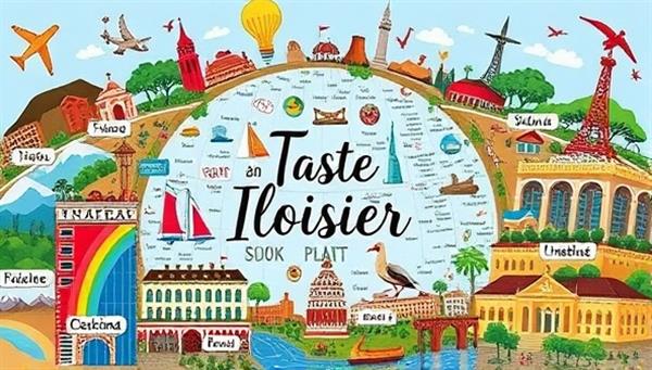 An artistic collage of diverse travel destinations, landmarks, and activities arranged around a personalized travel itinerary, with vibrant colors and symbols representing various travel experiences, invoking wanderlust and adventure.