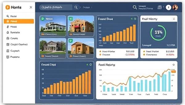 An online dashboard interface displaying diverse real estate investment opportunities with interactive graphs showing potential returns, conveying accessibility and transparency in real estate investing.