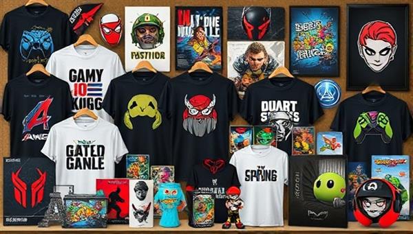 An artistic collage of gaming merchandise items like t-shirts, figurines, and posters arranged in a visually appealing display, capturing the essence of gaming culture and creativity.