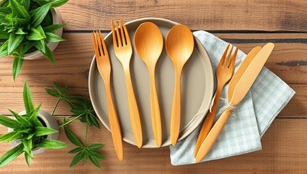 A vibrant image showing a set of bamboo utensils elegantly arranged on a rustic wooden table, surrounded by green plants and a reusable cloth napkin, highlighting the eco-friendly and chic nature of the products.