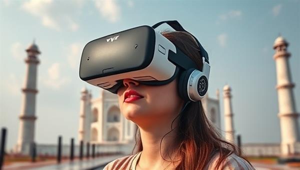 A user wearing a VR headset, exploring a stunning digital recreation of the Taj Mahal, with interactive elements like local sounds, virtual guides, and historical anecdotes, offering a captivating and immersive travel experience.