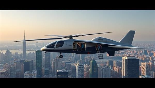 An artistic rendering of a sleek eVTOL aircraft hovering above a city skyline, with passengers boarding the aircraft from a rooftop helipad, depicting a futuristic and premium urban transportation experience.