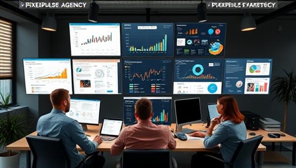 A virtual office environment with a team of digital marketers collaborating on campaign strategies, analyzing data on multiple screens, and engaging in creative brainstorming sessions, illustrating the dynamic and results-driven approach of PixelPulse Agency.