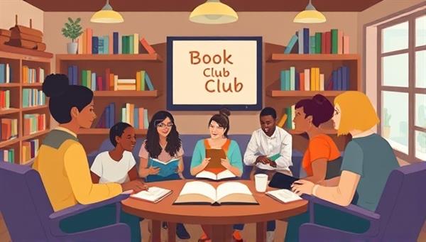 An artistic depiction of a virtual book club meeting with diverse avatars discussing a featured book, sharing writing tips, and engaging in creative activities, set in a cozy and welcoming digital library environment, symbolizing community and literary exploration in the club.