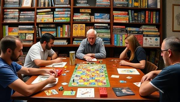 A tabletop setup with players immersed in various board games, colorful game boxes stacked neatly on shelves, dice rolling, cards being drawn, and a snack bar offering game-themed snacks, creating a cozy and social gaming atmosphere for players to enjoy.