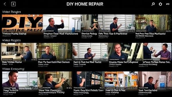 A diverse range of DIY home repair video thumbnails displayed on a digital streaming platform, showcasing various repair topics and expertise levels.
