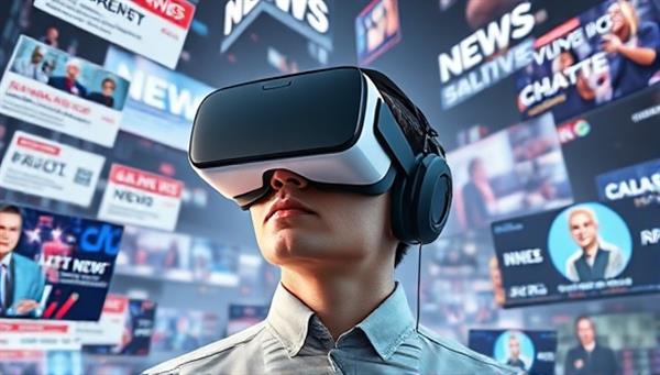 An artistic rendering of a person wearing a VR headset surrounded by floating news headlines and digital screens displaying live news broadcasts, creating a futuristic and engaging news consumption experience.