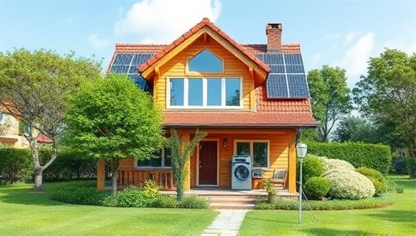 An eco-friendly home with solar panels, rainwater harvesting systems, and energy-efficient appliances, surrounded by lush greenery and clear blue skies, representing sustainability and environmental consciousness in real estate.