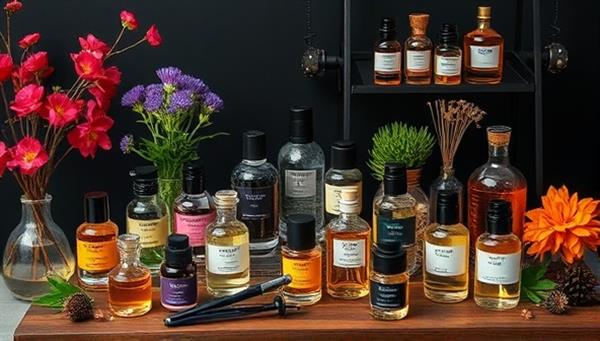 An artistic and sophisticated fragrance creation kit layout featuring an array of colorful aroma bottles, blending tools, and aromatic botanicals arranged in a creative and inspiring setup, inviting subscribers to embark on a sensory journey of crafting their unique scents.