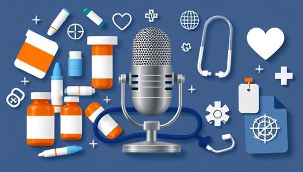 A podcast cover design featuring a microphone surrounded by prescription bottles, stethoscope, and medical icons, symbolizing the intersection of pharmacy knowledge and health discussions in an engaging audio format.