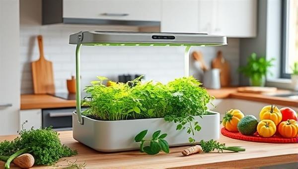 A modern kitchen setting with a sleek indoor farming kit on the countertop, showcasing vibrant herbs and greens growing under LED lights, surrounded by culinary tools and fresh produce, creating a harmonious and sustainable kitchen environment.
