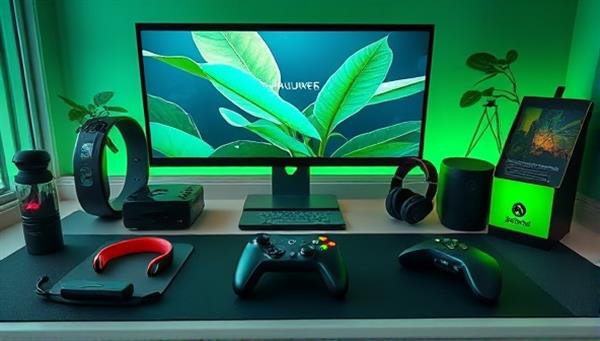 An assortment of stylish and modern eco-friendly gaming accessories displayed on a sleek, environmentally conscious gaming setup, featuring recycled materials and energy-efficient designs, symbolizing a blend of sustainability and gaming innovation.