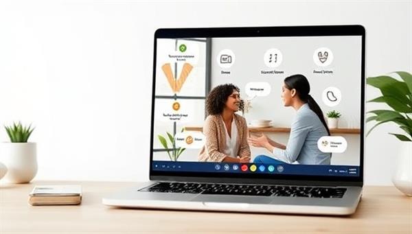A virtual mental health coaching session on a laptop screen, featuring a therapist and client engaging in a supportive conversation, with calming visuals, mindfulness exercises, and mental wellness resources in the background, creating a safe and nurturing virtual therapy setting.