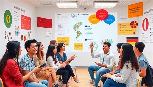 An immersive language learning environment with a diverse group of virtual students interacting with LingoGenie in various languages, engaging in conversation practice and cultural exchanges, illustrating a dynamic and interactive language learning experience.