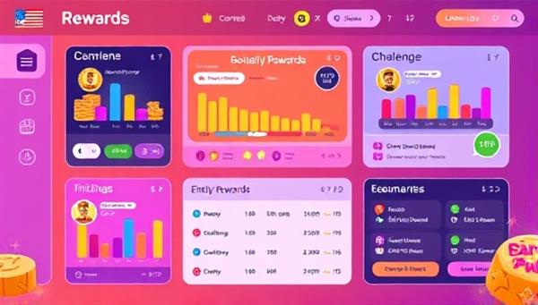 A vibrant and interactive rewards dashboard showcasing various gamified challenges, progress bars, and enticing rewards, with animated elements highlighting the fun and engaging nature of the loyalty platform, encouraging customer participation.
