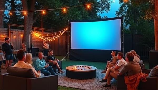 A cozy outdoor setup with a large screen, fairy lights, comfortable seating arrangements, and a group of diverse individuals enjoying a movie night under the stars, showcasing the communal and cinematic atmosphere.