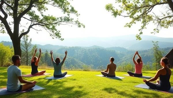 A serene image of the Mindful Tech Detox Retreat showcasing a peaceful outdoor setting with participants engaging in mindfulness practices, yoga poses, and nature walks, surrounded by lush greenery, tranquil scenery, and a sense of calm and rejuvenation, capturing the essence of digital detox and mindful relaxation.