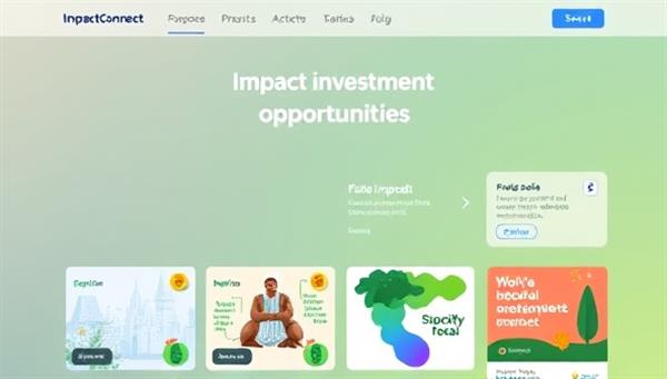 A vibrant platform interface showcasing diverse impact investment opportunities, with visual representations of positive social and environmental outcomes, inspiring users to support impactful projects and initiatives through ImpactConnect.