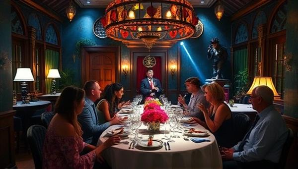 An enchanting dining room setup with guests surrounded by theatrical props, costumed actors performing scenes, and beautifully presented dishes inspired by the fantasy theme, creating a magical and immersive dining experience that stimulates the imagination.
