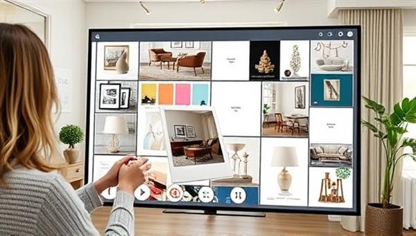 A virtual interior design consultation scene with a designer showcasing a digital mood board filled with color swatches, furniture images, and decor elements, creating a visually appealing and interactive design experience for clients.