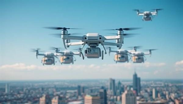 A fleet of delivery drones hovering in the sky above a cityscape, with packages neatly secured underneath, ready to be dropped off at various locations, symbolizing the futuristic and efficient delivery capabilities of SkyDrop Express.