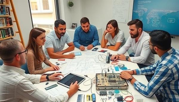 An image of a diverse team brainstorming around a table filled with electronic components, sketches, and a smart home device prototype in progress, illustrating creativity and innovation in the prototyping process.
