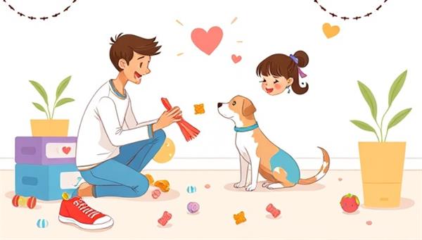 A heartwarming illustration of a virtual pet training session, showing a pet owner engaging with their furry companion in a positive training activity, surrounded by playful pet toys and training treats, conveying joy and bonding through training.
