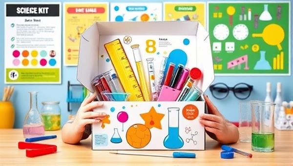 A colorful and inviting science experiment kit box filled with test tubes, beakers, goggles, and various science tools, surrounded by vibrant educational posters and a child