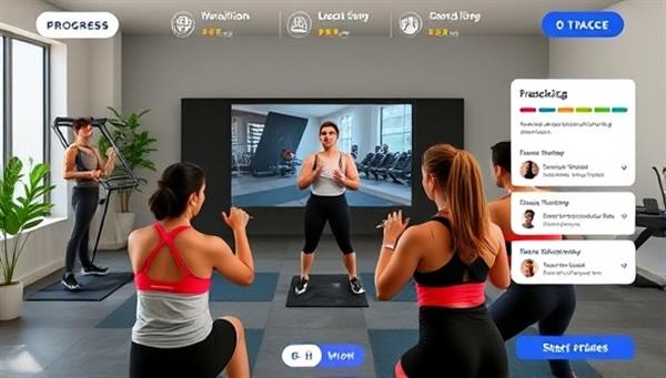 An engaging virtual fitness challenge scene featuring participants engaging in a group workout session led by a virtual trainer, with progress trackers, motivational messages, and a supportive online community, illustrating the dynamic and interactive fitness experience offered by FitFusion Challenges.
